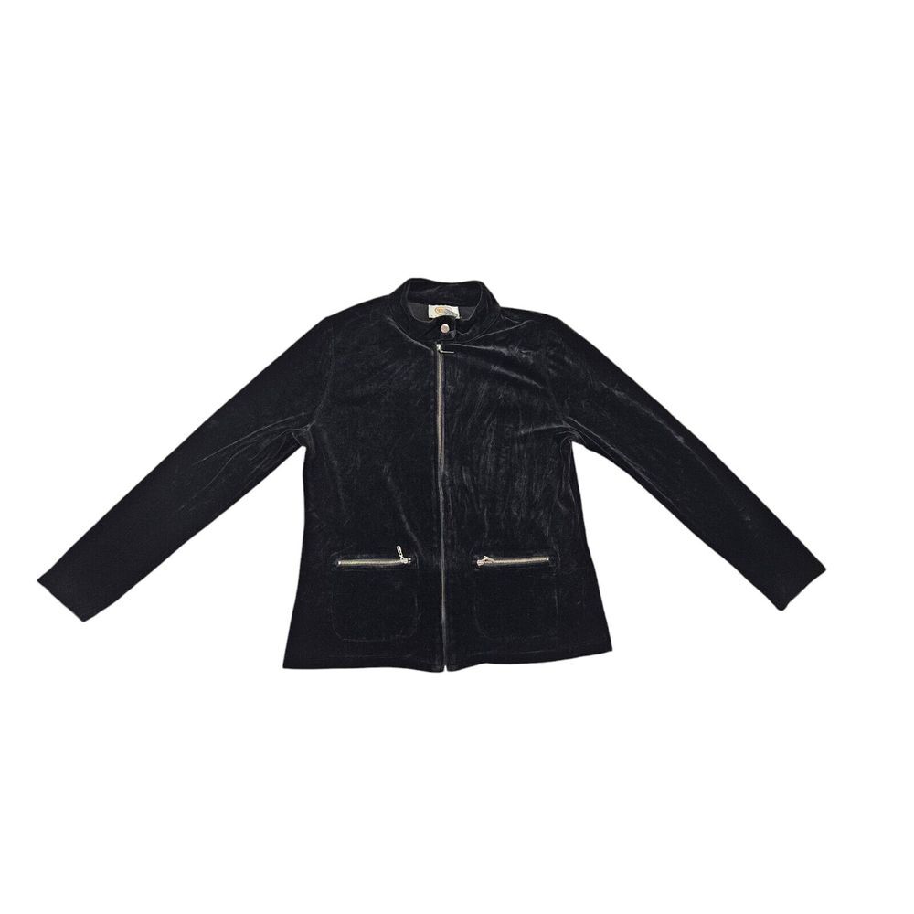Talbots Womens Medium Petite Black Velour Zip Up Jacket